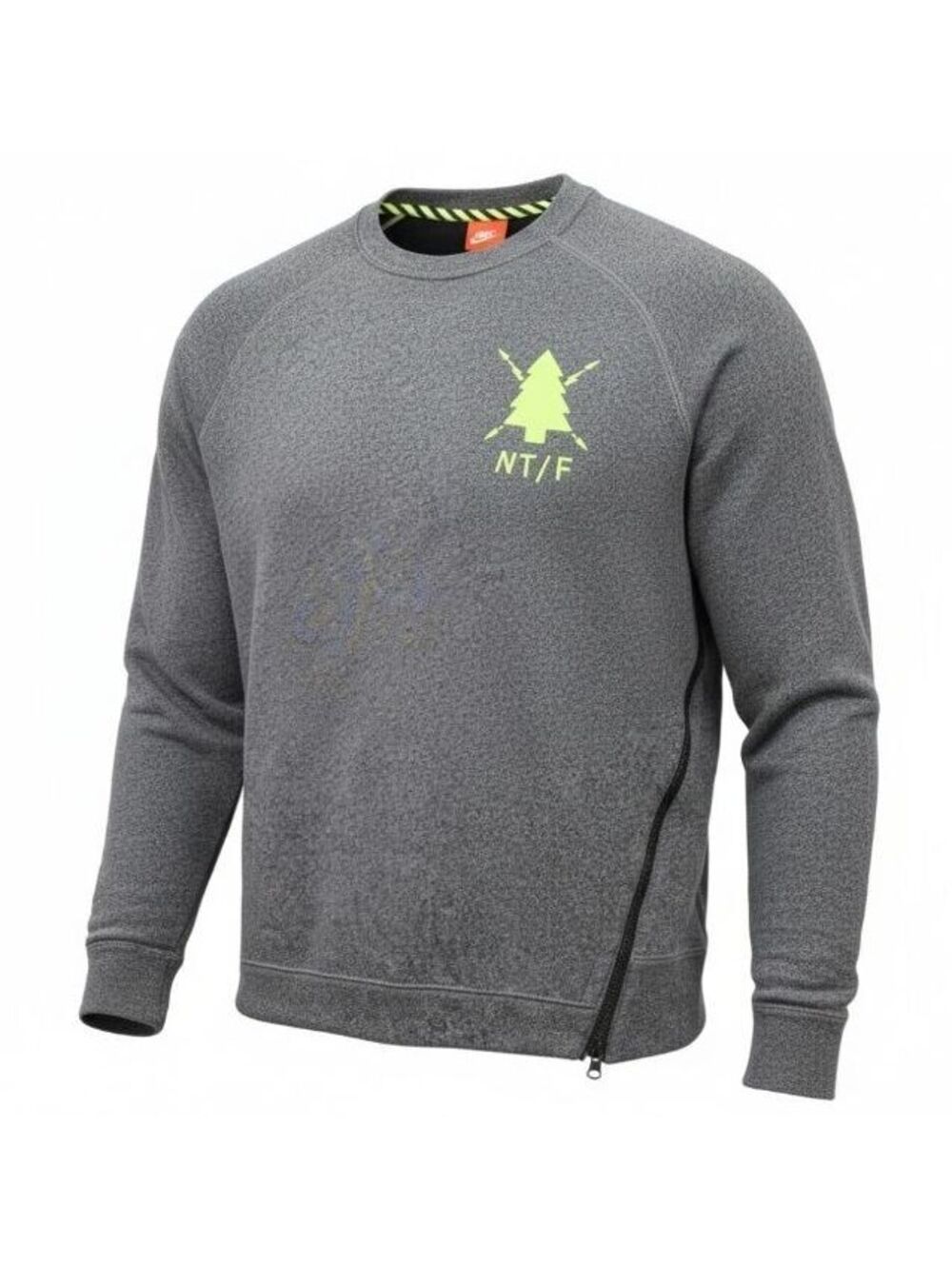 Nike NT/F Crewneck Sweatshirt XL Gray Neon Pine Tree Asymmetric Side Zip 687939